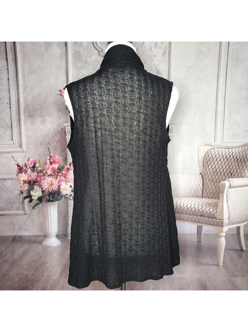 COLDWATER Creek Black Open Front Sleeveless Knit Cardigan Vest Sweater Size XS - Picture 5 of 7